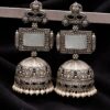 Silver Replica Oxidised Jambo Jhumka With Monalisa Stones
