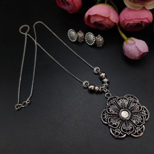 Designer Jaali Work Flower Design German Silver Pendnet With Jhumka Earrings