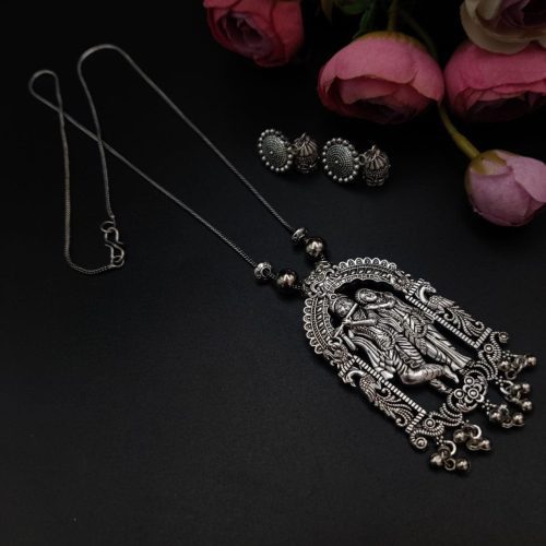 Radha Krishna Oxidised Chain Pendent With Jhumka Earrings