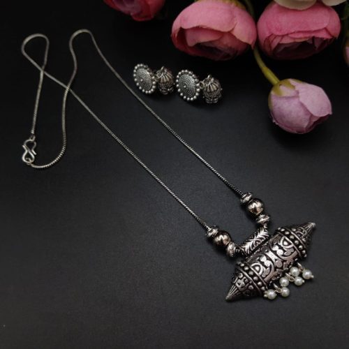 Antique Silver Plated Necklace With jhumka Earrings