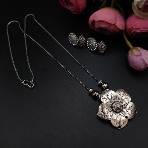 Designer Flower Art Oxidised Chain Necklace Set