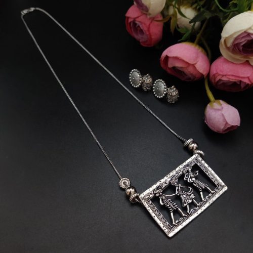 Oxidised Antique Designer Pendent With Matching Earrings
