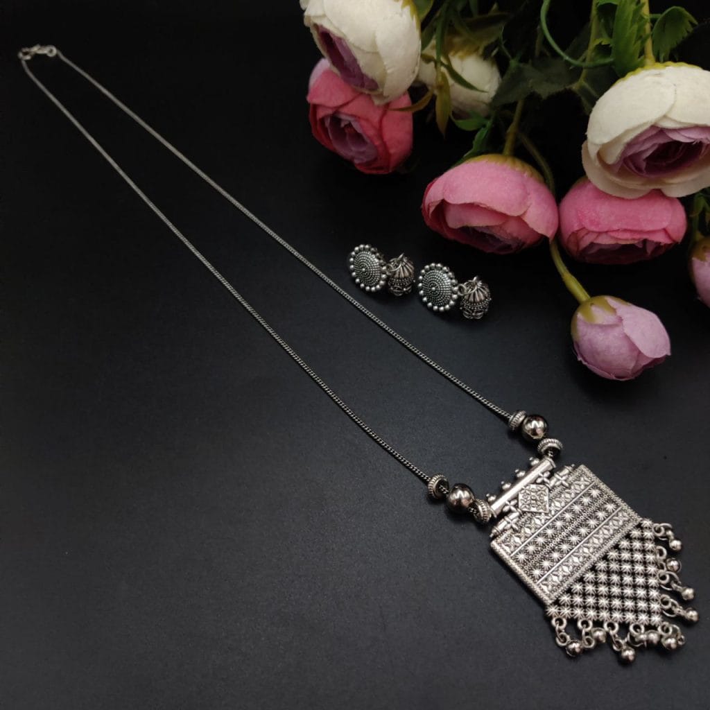 Antique Silver Plated Locket With Chain and Jhumki