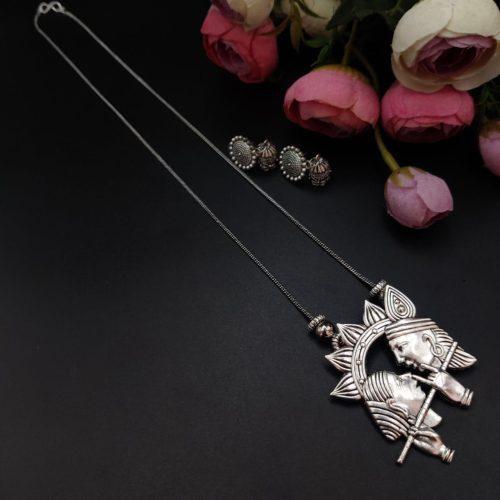 Amazing Radha Krishna Art Pendent Chain Necklace Set With Jhumkas