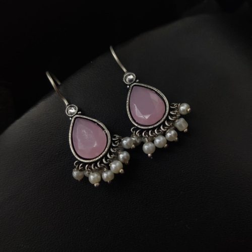Casual Wear Drop Shape Oxidised Stone Earrings Hook Style - Image 7