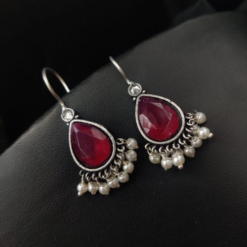 Casual Wear Drop Shape Oxidised Stone Earrings Hook Style - Image 6