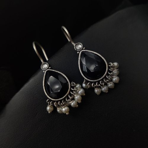 Casual Wear Drop Shape Oxidised Stone Earrings Hook Style - Image 2