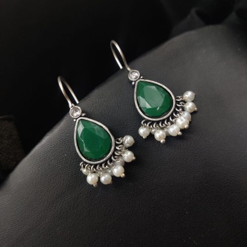 Casual Wear Drop Shape Oxidised Stone Earrings Hook Style