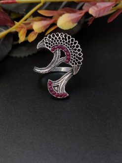 Round Design Oxidised Stone Work Silver Rings for Party Events