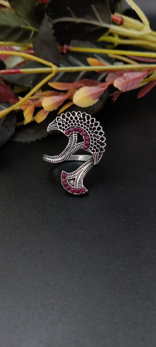 Round Design Oxidised Stone Work Silver Rings for Party Events