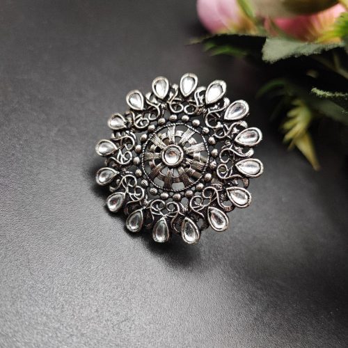 Round Design Oxidised Stone Work Silver Rings for Party Events - Image 5
