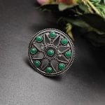 Traditional Round Oxidised Silver Stone Work Rings for Party Events - "Green"