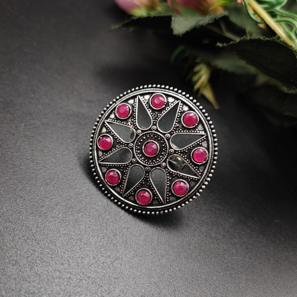 Traditional Round Oxidised Silver Stone Work Rings for Party Events