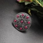 Traditional Round Oxidised Silver Stone Work Rings for Party Events