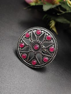 Traditional Round Oxidised Silver Stone Work Rings for Party Events