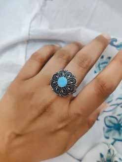Silver Plated Round Oxidised Silver Stone Work Rings