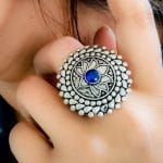 Traditional Lotus Design Oxidised Silver Stone Work Rings - "Blue"