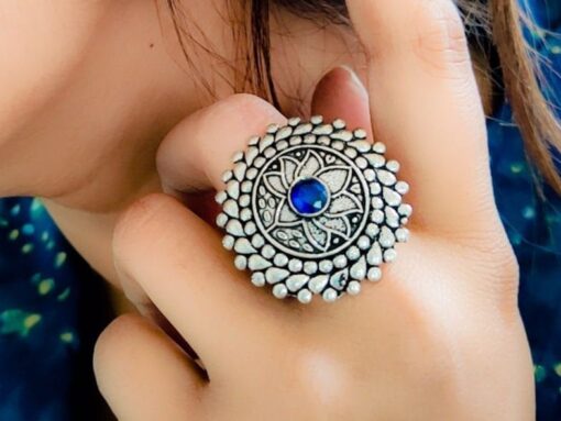 Traditional Lotus Design Oxidised Silver Stone Work Rings - Image 4