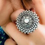 Traditional Lotus Design Oxidised Silver Stone Work Rings