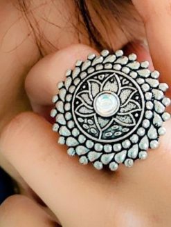 Traditional Lotus Design Oxidised Silver Stone Work Rings