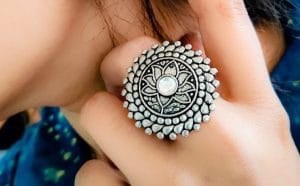 Traditional Lotus Design Oxidised Silver Stone Work Rings - Color: "White"