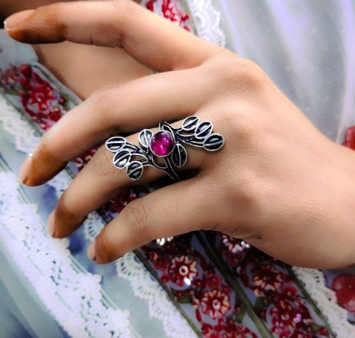 Indian Art Flower Design Oxidised Silver Stone Work Rings
