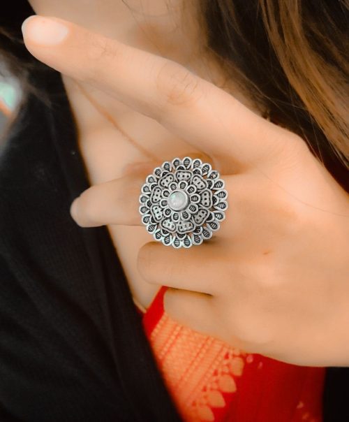 Round Shape Floral Art Oxidised Silver Stone Work Rings - Image 2