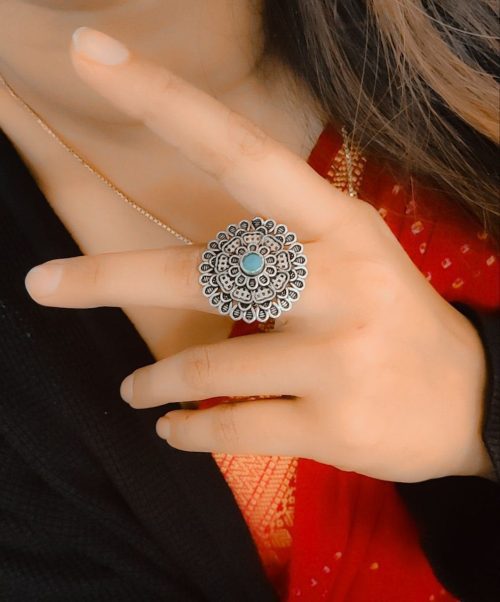 Round Shape Floral Art Oxidised Silver Stone Work Rings - Image 3