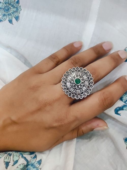 Round Shape Floral Art Oxidised Silver Stone Work Rings