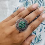 Silver Plated Round Oxidised Stone Work Rings - "Green"