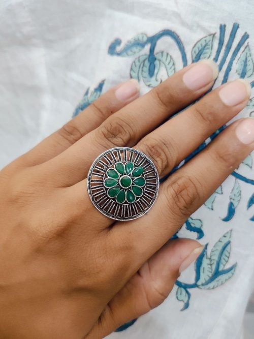 Silver Plated Round Oxidised Stone Work Rings - Image 4