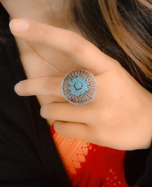 Silver Plated Round Oxidised Stone Work Rings - Image 5