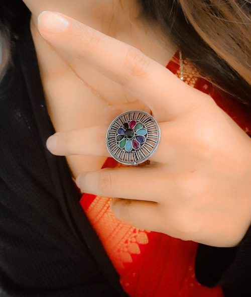 Silver Plated Round Oxidised Stone Work Rings - Image 6