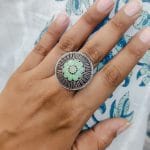 Silver Plated Round Oxidised Stone Work Rings - "Parrot Green"