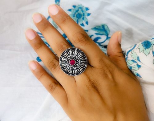 Antique Silver Plated Round Oxidised Stone Work Rings - Image 3