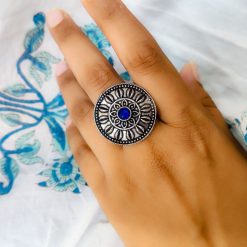 Antique Silver Plated Round Oxidised Stone Work Rings