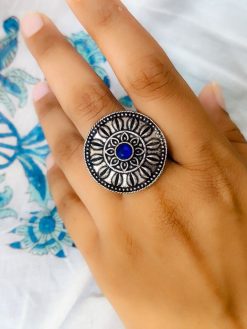 Antique Silver Plated Round Oxidised Stone Work Rings