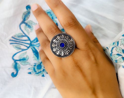 Antique Silver Plated Round Oxidised Stone Work Rings