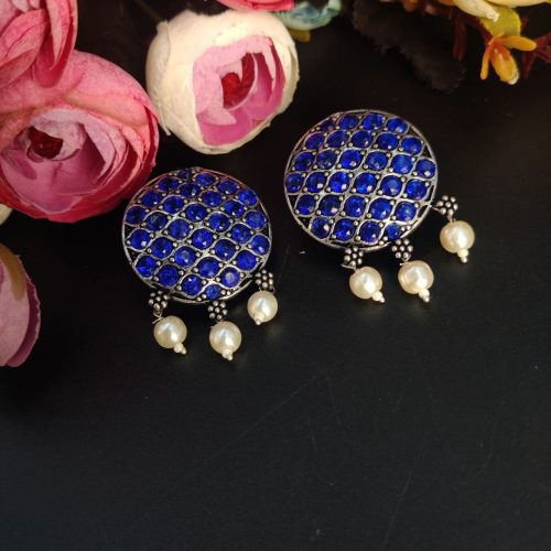 Stone Work Oxidised Silver Stone Work Round Stud Earrings - Image 9