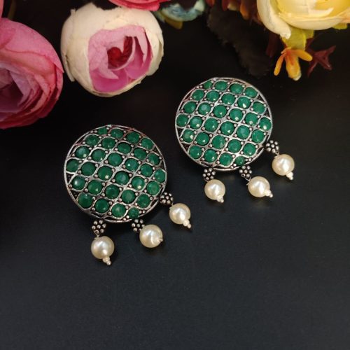 Stone Work Oxidised Silver Stone Work Round Stud Earrings - Image 7