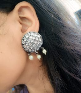 Stone Work Oxidised Silver Stone Work Round Stud Earrings - Color: "White"