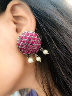 Stone Work Oxidised Silver Stone Work Round Stud Earrings