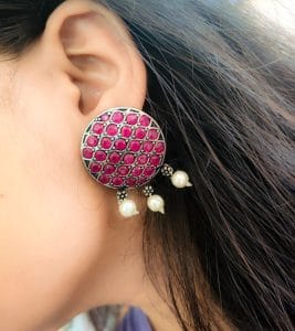 Stone Work Oxidised Silver Stone Work Round Stud Earrings - Color: "Pink"
