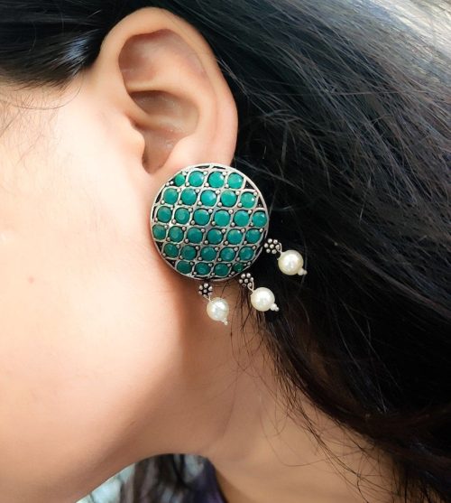 Stone Work Oxidised Silver Stone Work Round Stud Earrings - Image 6