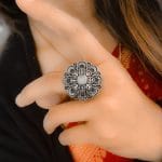 Bulk 8 Antique Floral Silver Plated Round Oxidised Stone Work Rings - "White"