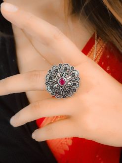 Antique Floral Silver Plated Round Oxidised Stone Work Rings