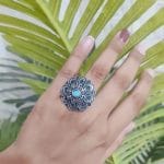 Antique Floral Silver Plated Round Oxidised Stone Work Rings - "Turquoise"