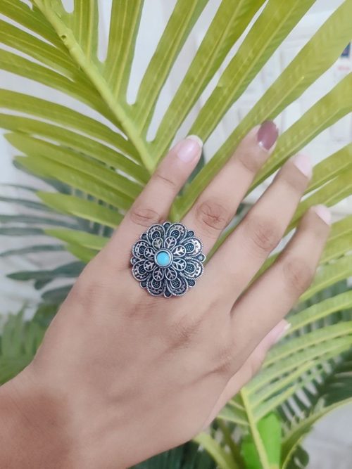 Antique Floral Silver Plated Round Oxidised Stone Work Rings - Image 5
