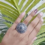 Antique Floral Silver Plated Round Oxidised Stone Work Rings - "Black"