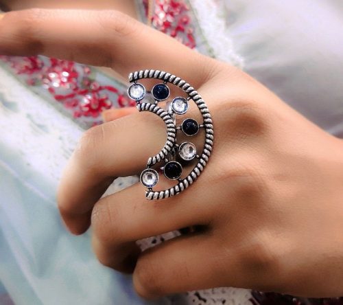Half Round Shape Silver Plated Oxidised Stone Work Adjustable Rings - Image 8